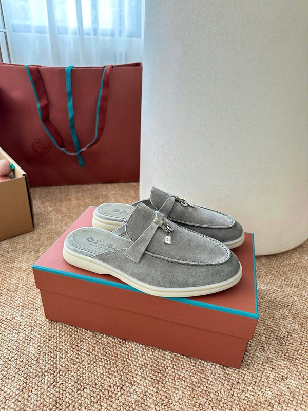 Loro Piana Charms Walk Flat Mules Gray-Green Suede 623552