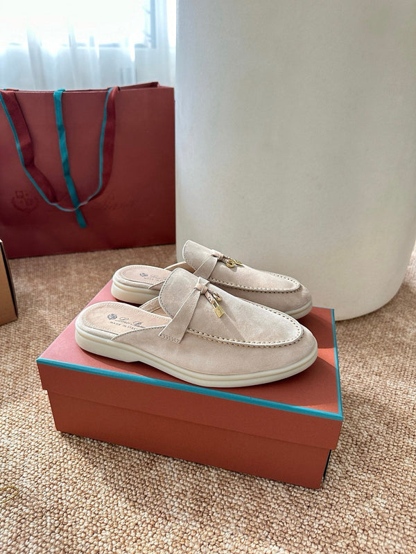 Loro Piana Charms Walk Flat Mules Apricot Suede 623556