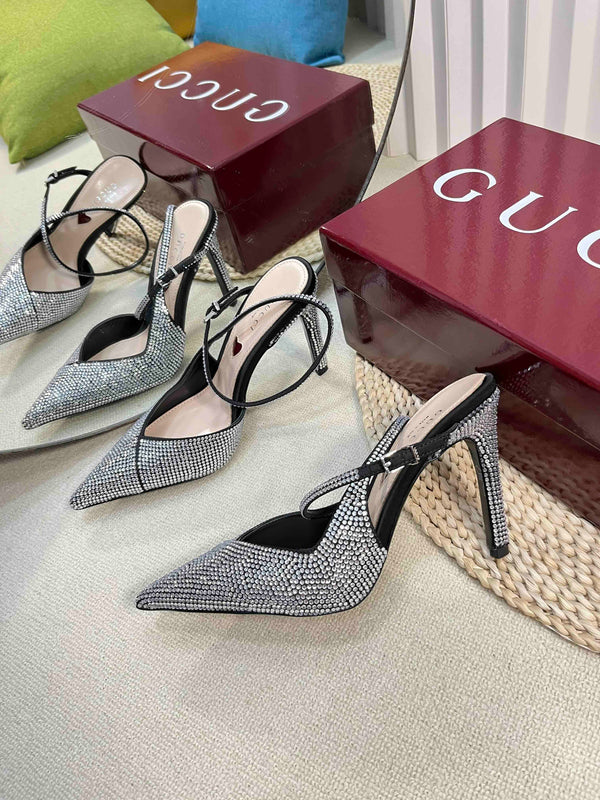 GC Crystal-Embellished Slingbacks Black Silk Sheepskin 294611