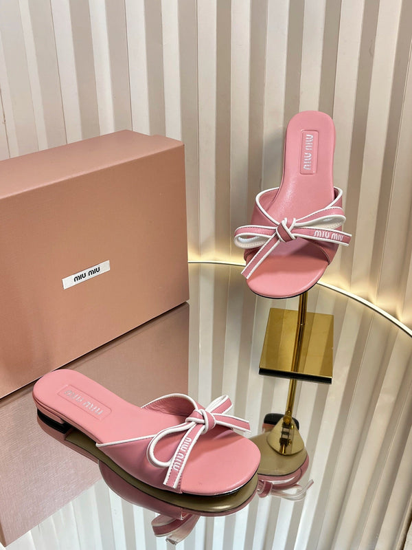 Miu 26s Bow Slippers Pink Leather 768203