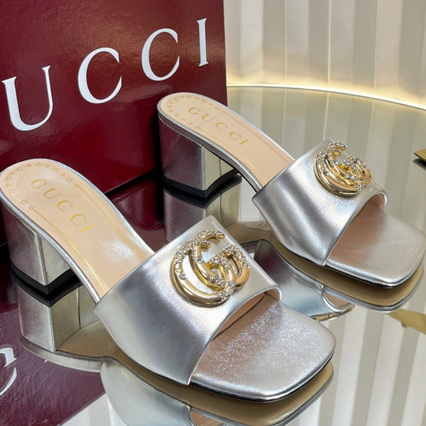 GC 25 Interlocking G Heeled Sandal Silver Patent Leather 294641