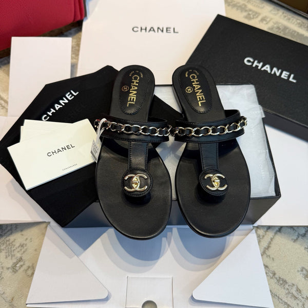 CC 25SS Thong Sandal 2cm Leather Chain Black Lambskin 319700