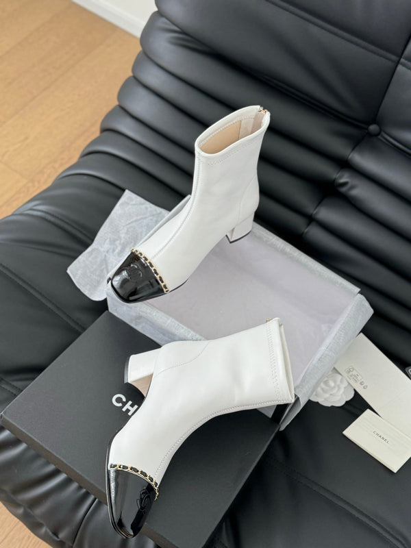CC Ankle Boot White Calfskin Black Patent Calfskin