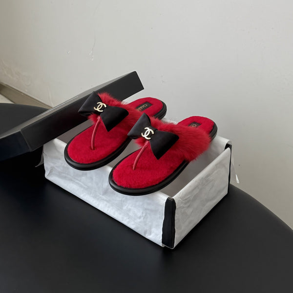 CC 26s Bowknot Thong Sandals Red Furry Shearing 969674
