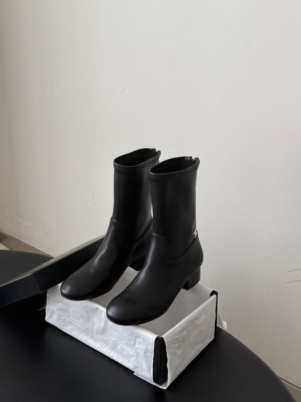 CC 26s Chunky Heel Elastic Short Boots 5cm Black Leather 969715