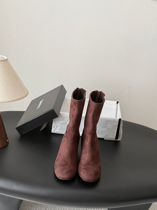 CC 26s Chunky Heel Elastic Short Boots 5cm Coffee Suede 969718