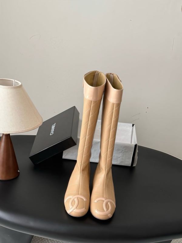 CC 26s Cambon Quilted Tall Flat Boots Beige Calfskin 969724