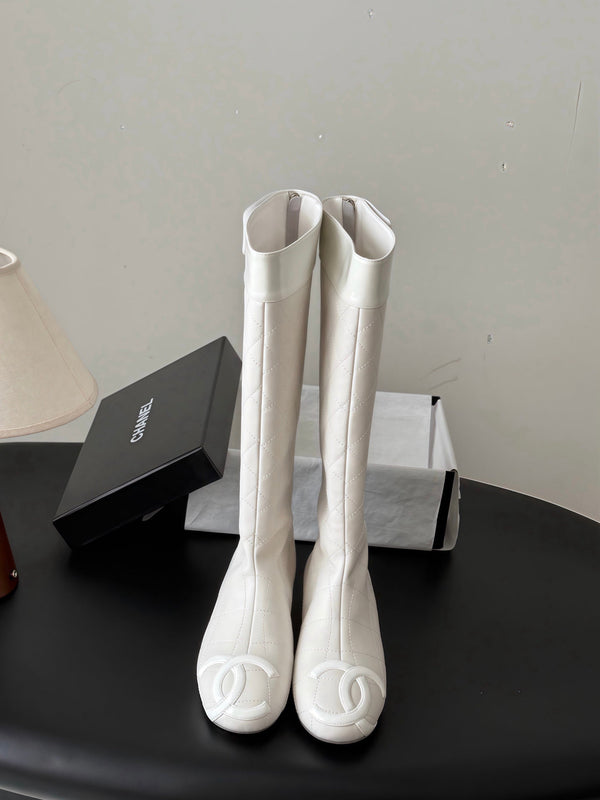 CC 26s Cambon Quilted Tall Flat Boots Ivory White Calfskin 969725