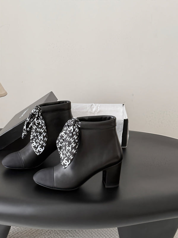 CC 26s Silk Scarf Ankle Boots Black Leather Grosgrain 127893