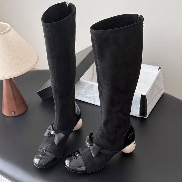 CC 26s Pearl Heel Knee High Boots Black Suede Patent Leather 127955