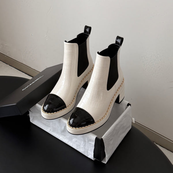 CC 26s Chelsea Ankle Boots White Black Crocodile Embossed Patent Leather 122420