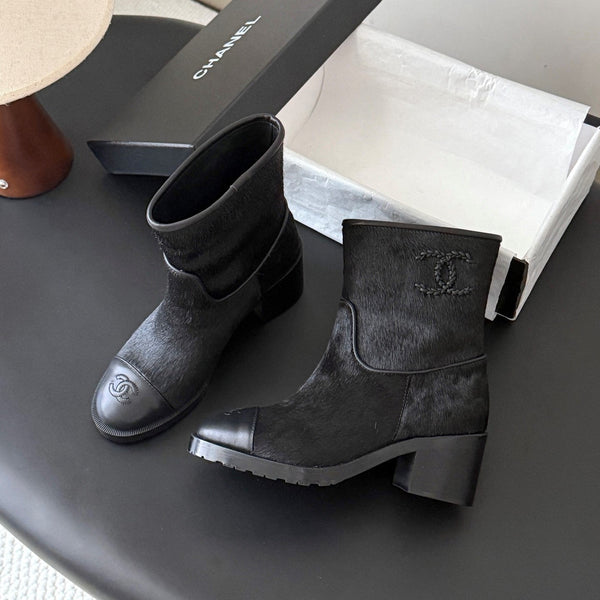 CC 26s Embroidered Logo Ankle Boots Black Pony Hair 127784