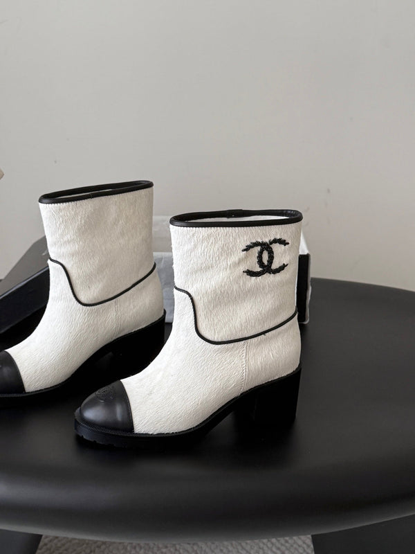 CC 26s Embroidered Logo Ankle Boots White Black Pony Hair 127786