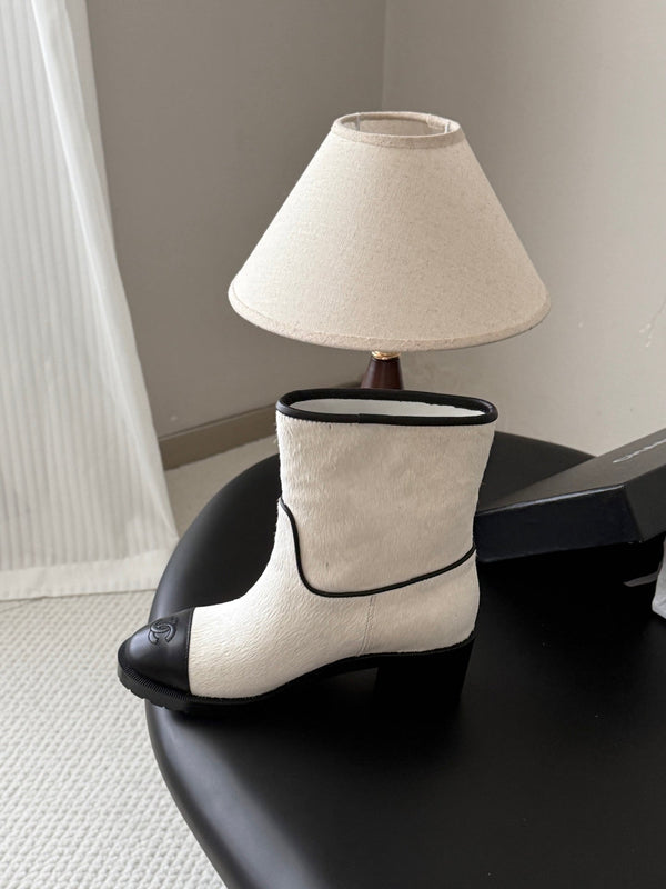 CC 26s Embroidered Logo Ankle Boots White Black Pony Hair 127786