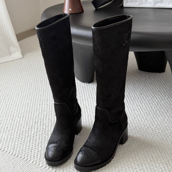 CC 26s Embroidered Logo Knee High Boots Black Pony Hair 127788