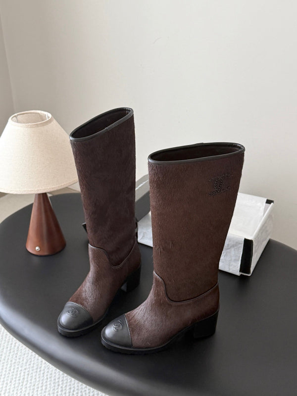 CC 26s Embroidered Logo Knee High Boots Brown Black Pony Hair 127789