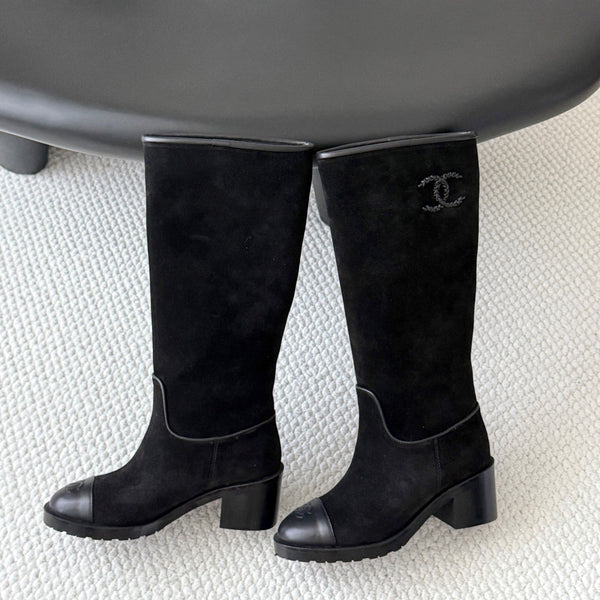 CC 26s Embroidered Logo Knee High Boots Black Suede 127791