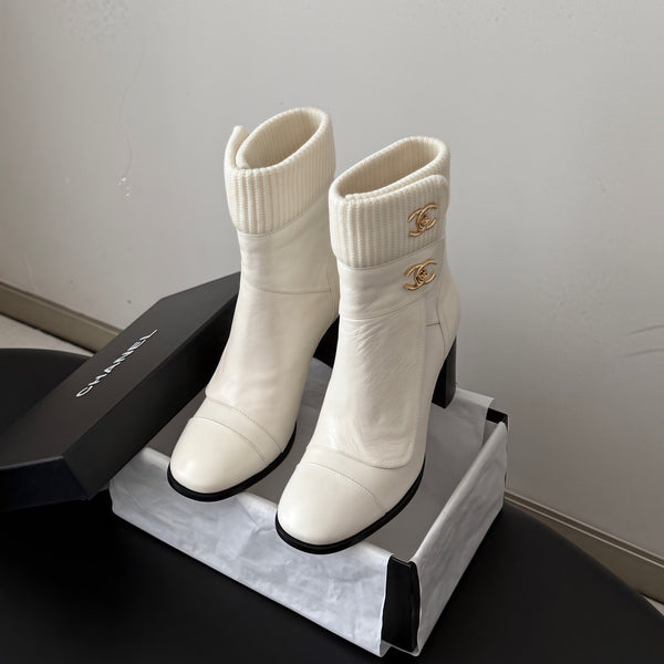 CC 26s Ankle Boots White Gold Knit Cuff Leather 127795