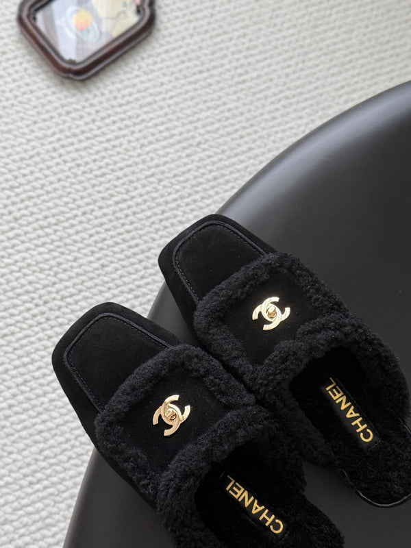 CC 26S Shearling Trim Mules Black Gold Suede 127800