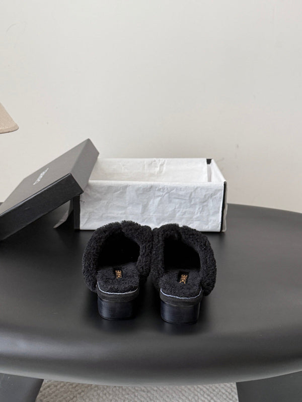 CC 26S Shearling Trim Mules Black Gold Suede 127800