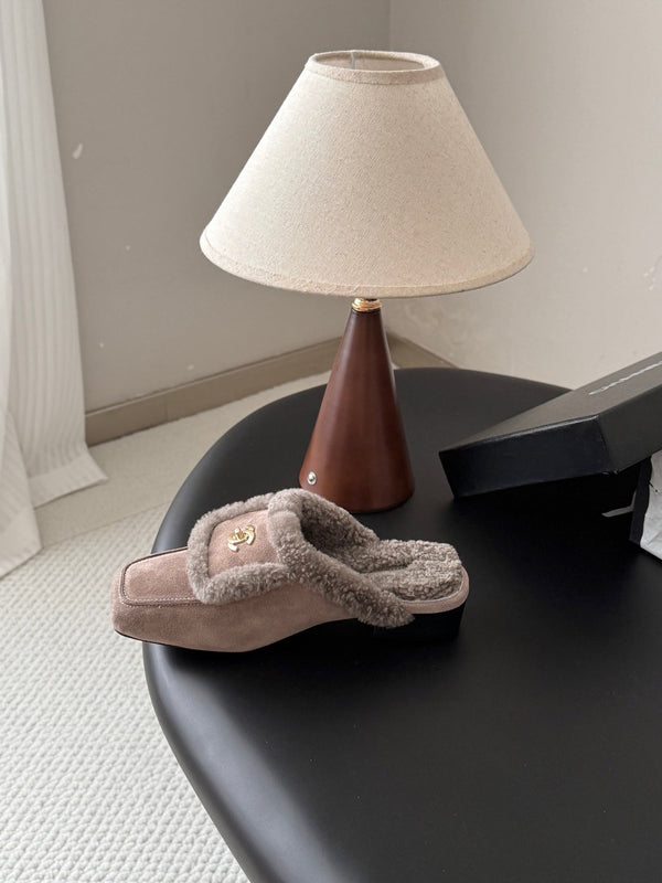 CC 26S Shearling Trim Mules Grey Gold Suede 127803