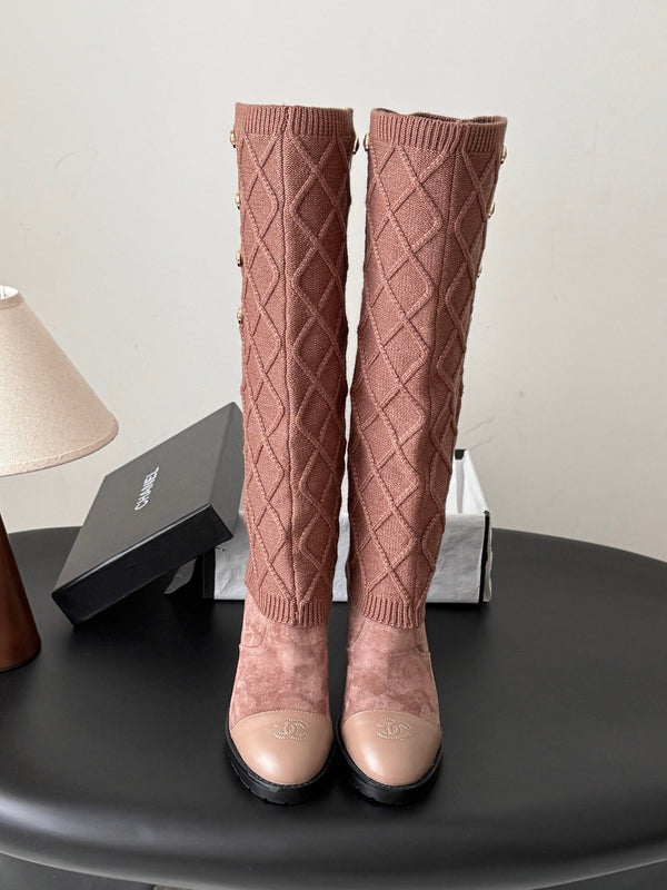 CC 26s Knit Leg Warmer Knee High Boots Brown Suede 127817