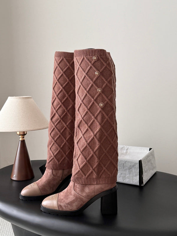 CC 26s Knit Leg Warmer Knee High Boots Brown Suede 127817