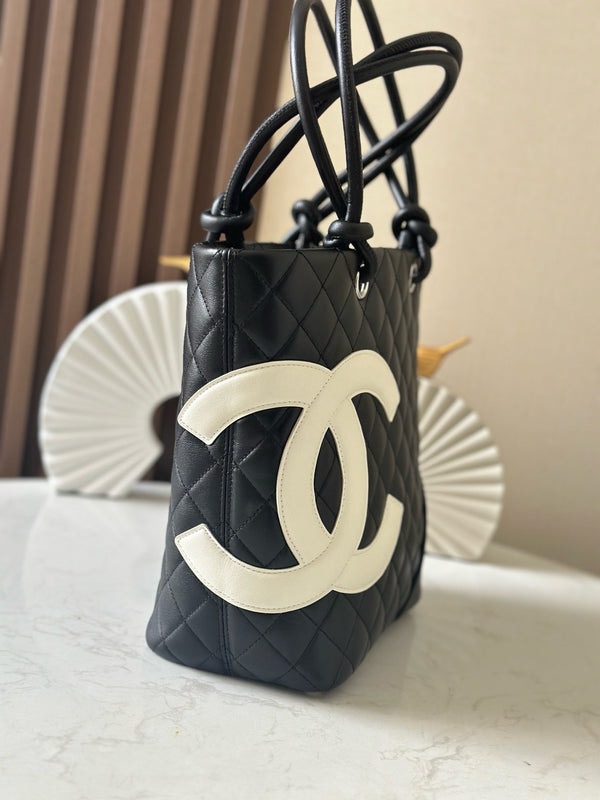 CC 25s Cambon Ligne Tote Bag 24cm In Black Mix White Calfskin