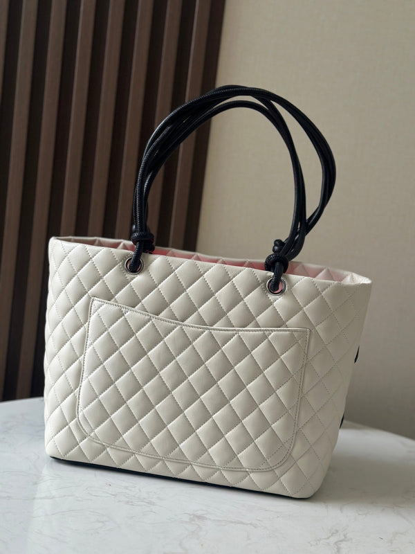CC 25s Cambon Ligne Tote Bag 30cm In White Mix Black Calfskin
