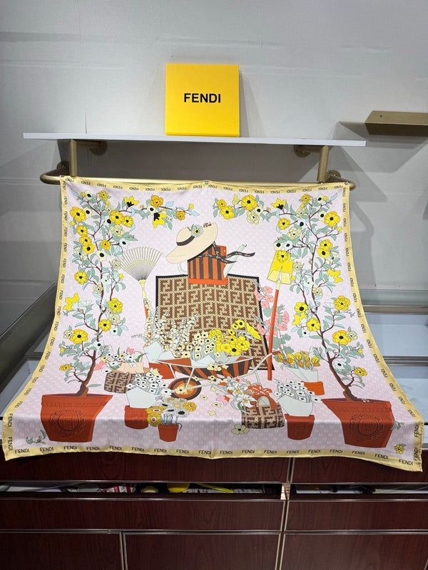 Fendi Gardening Foulard Scarf 90x90 White Colorful Silk Twill 204010