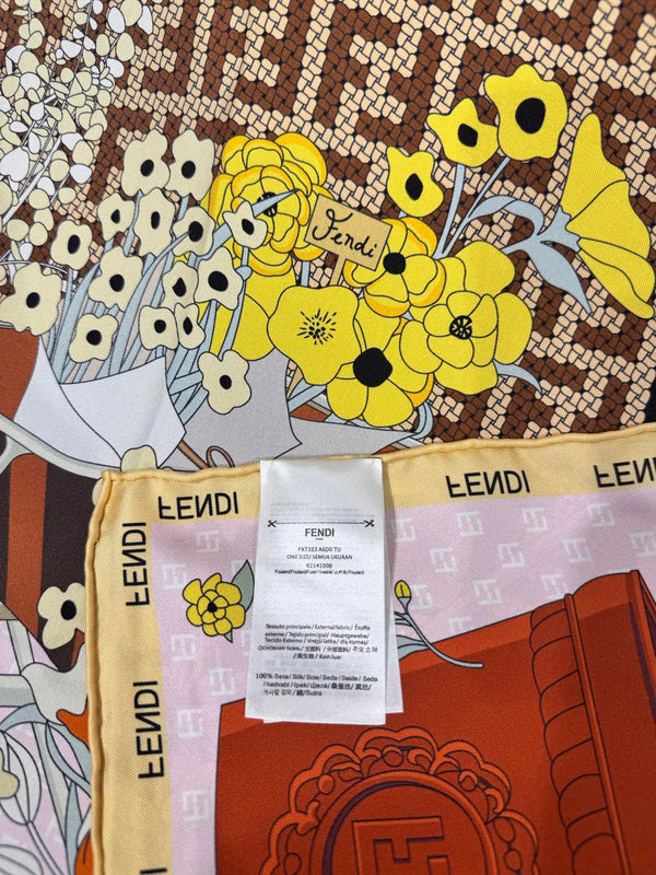Fendi Gardening Foulard Scarf 90x90 White Colorful Silk Twill 204010