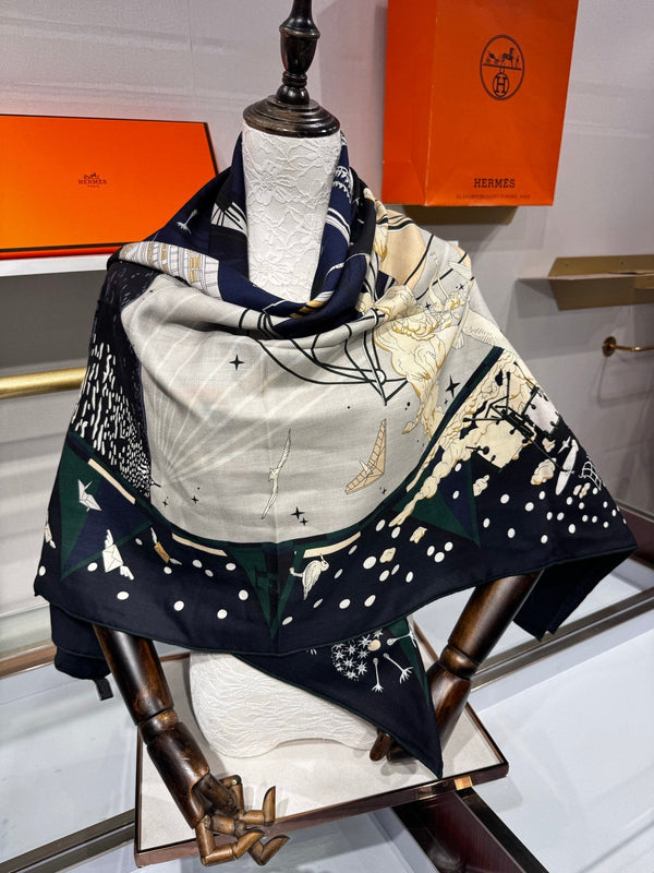 HM Flagship Shawl 140x140cm Dark Blue Colorful Cashmere Silk 212377