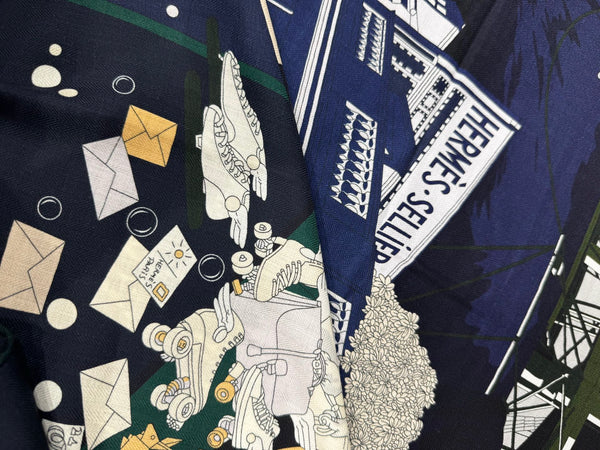 HM Flagship Shawl 140x140cm Dark Blue Colorful Cashmere Silk 212377