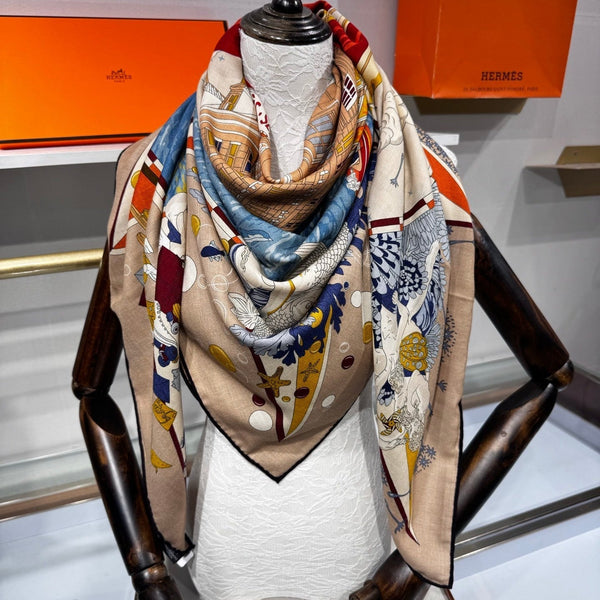 HM Flagship Shawl 140x140cm Khaki Colorful Cashmere Silk 212379