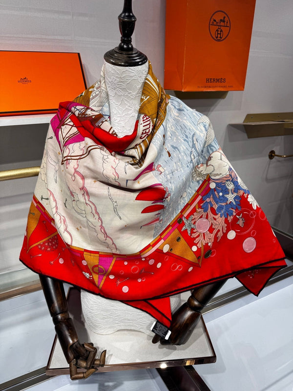 HM Flagship Shawl 140x140cm Red Colorful Cashmere Silk 212381