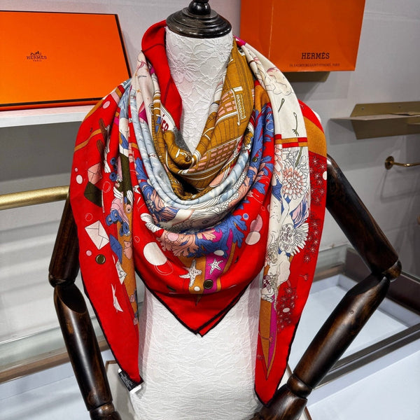 HM Flagship Shawl 140x140cm Red Colorful Cashmere Silk 212381