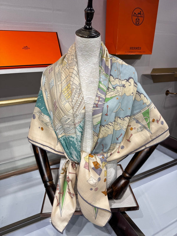 HM Flagship Shawl 140x140cm Cream Colorful Cashmere Silk 212383