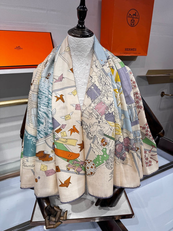 HM Flagship Shawl 140x140cm Cream Colorful Cashmere Silk 212383
