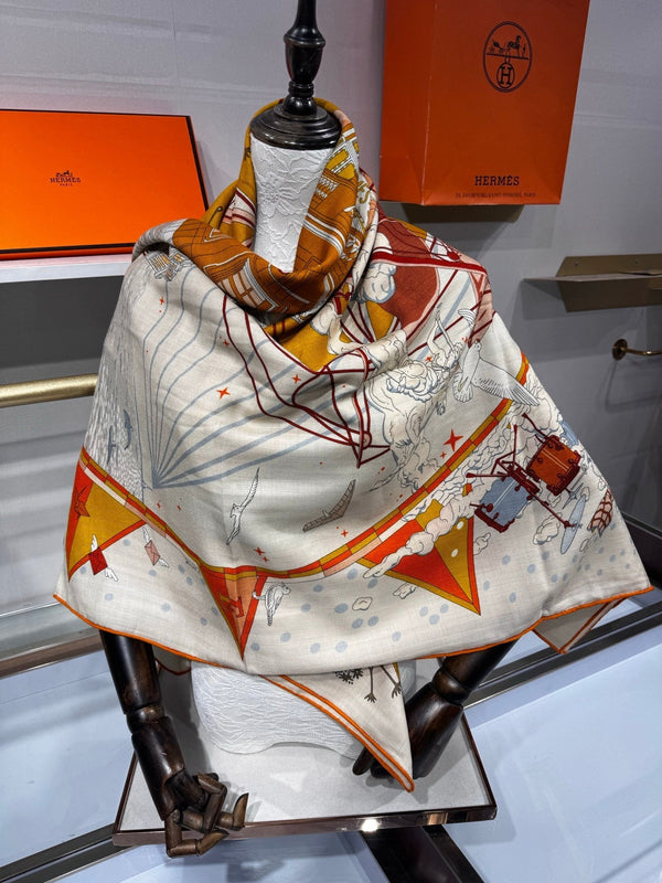 HM Flagship Shawl 140x140cm Brown Colorful Cashmere Silk 212385