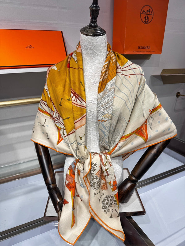 HM Flagship Shawl 140x140cm Brown Colorful Cashmere Silk 212385