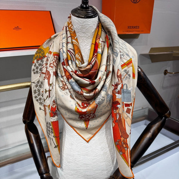 HM Flagship Shawl 140x140cm Brown Colorful Cashmere Silk 212385