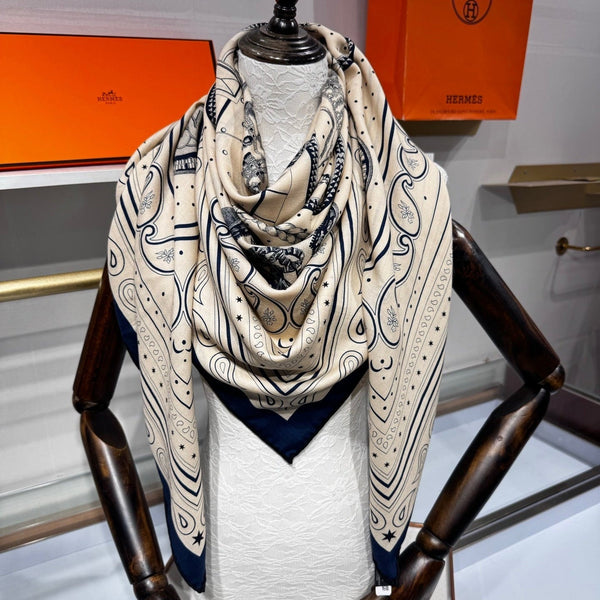 HM Grand Apparat Bandana Shawl 140x140cm Cream Blue Cashmere Silk 212690