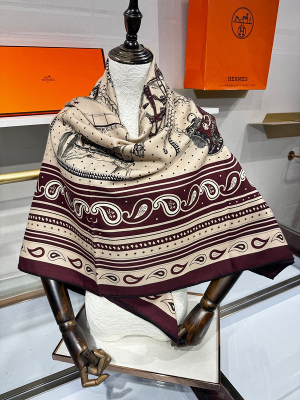 HM Grand Apparat Bandana Shawl 140x140cm Cream Burgundy Cashmere Silk 212702