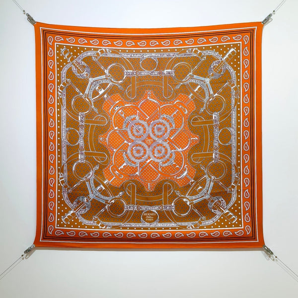 HM Eperon d'Or bandana Scarf 90x90 Orange Colorful Twill Silk 202550