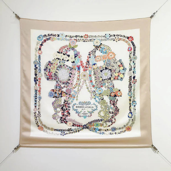 HM 26s 90 Double Sided Scarf Beige White Colorful Mulberry Silk 145755
