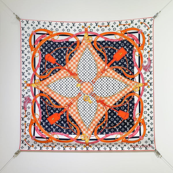 LV Scarf 90cm Black Navy Orange Twill Silk 136593