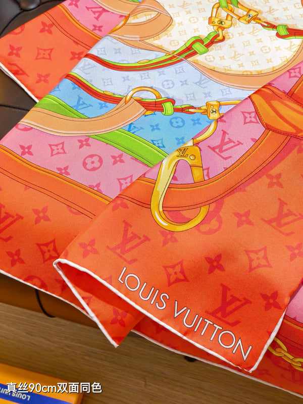 LV Double-sided Scarf 90cm Coral Orange Twill Silk 136589