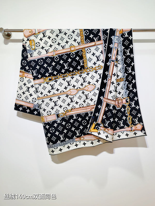 LV Double-sided Scarf 140cm Black & White Cashmere Silk 136602