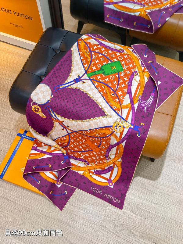 LV Scarf 90cm Purple Orange Twill Silk 136597