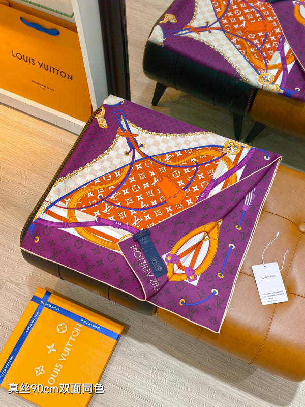 LV Scarf 90cm Purple Orange Twill Silk 136597